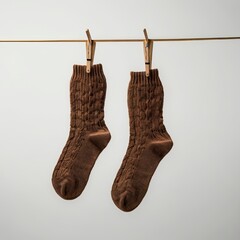 two brown socks hanging on a nail isolated on a white background
