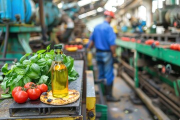 A vibrant kitchen scene featuring fresh tomatoes, basil, and olive oil, with a worker in the background, emphasizing food production and agriculture.