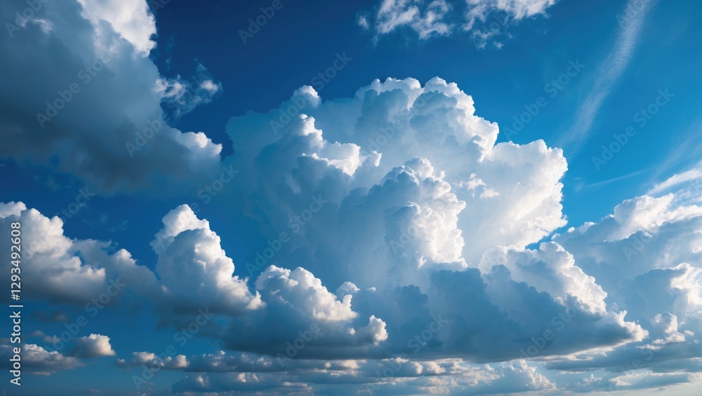Poster majestic cumulus clouds against a vivid blue sky with ample copy space for text or design elements, 