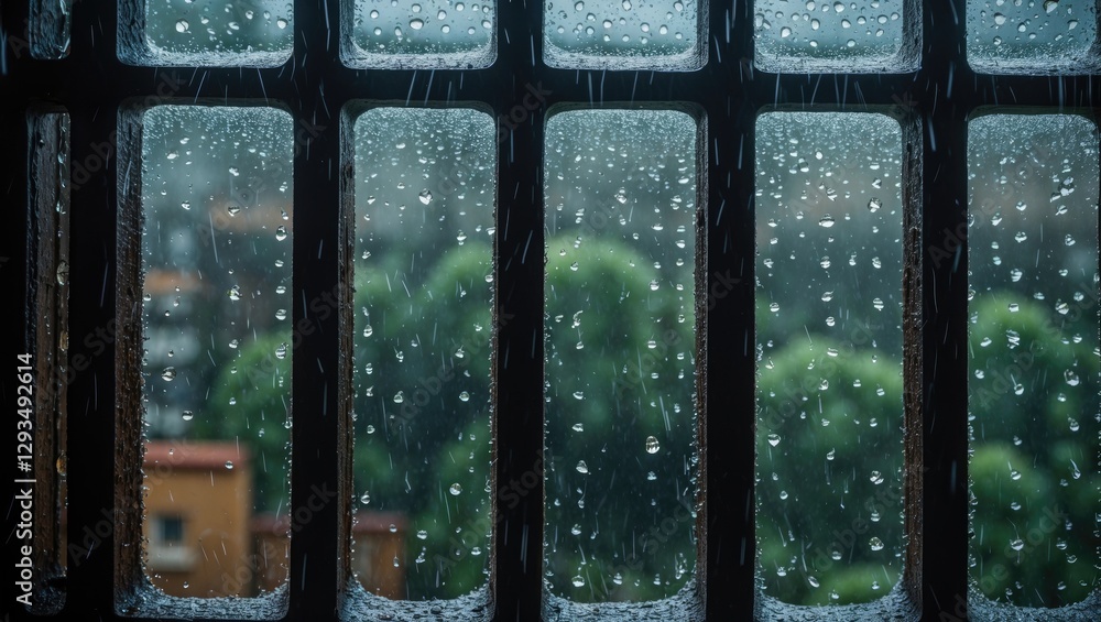 Poster barred window with raindrops offering a blurred view of green foliage and buildings creating a sombe