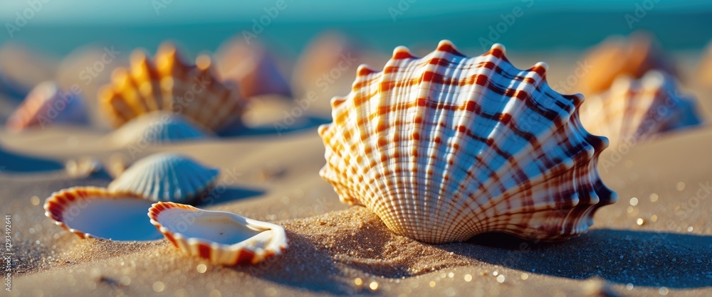 Poster Colorful seashells scattered on sandy beach with soft sunlight creating a serene and tranquil coastal atmosphere.