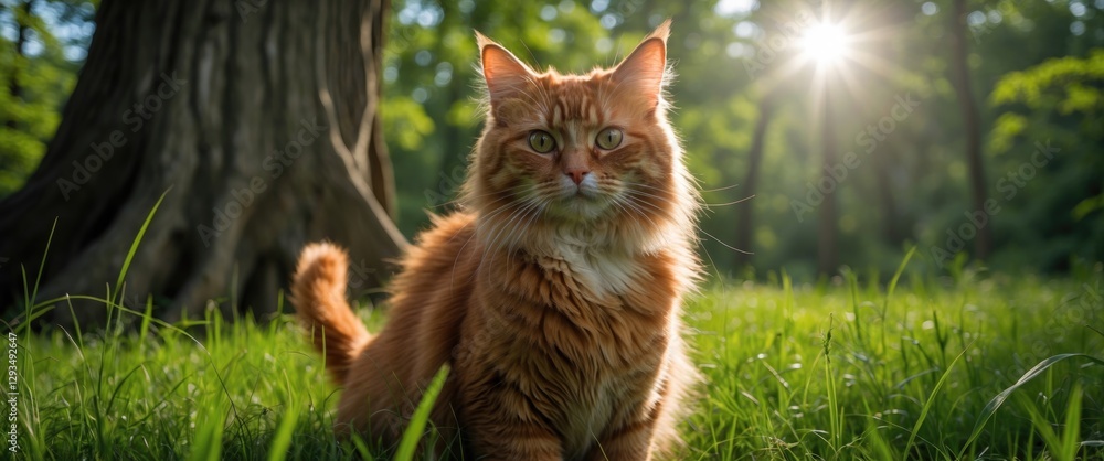 Canvas Prints majestic red fur cat posing in lush green grass under a large tree with sunlight filtering through t