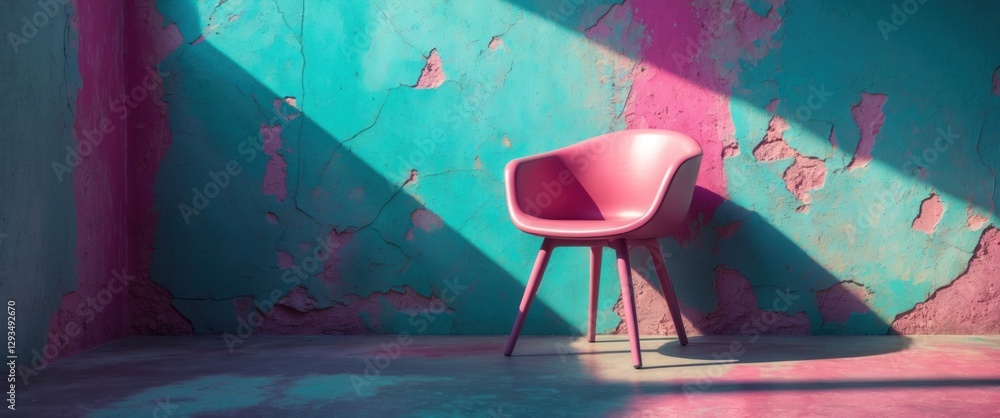 Poster vibrant pink chair casting shadows against weathered teal wall with textures creating a striking vis