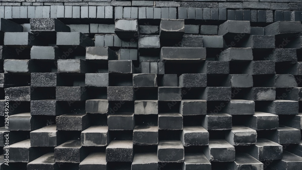 Poster textured wall of stacked black concrete blocks showcasing a robust industrial design suitable for ar