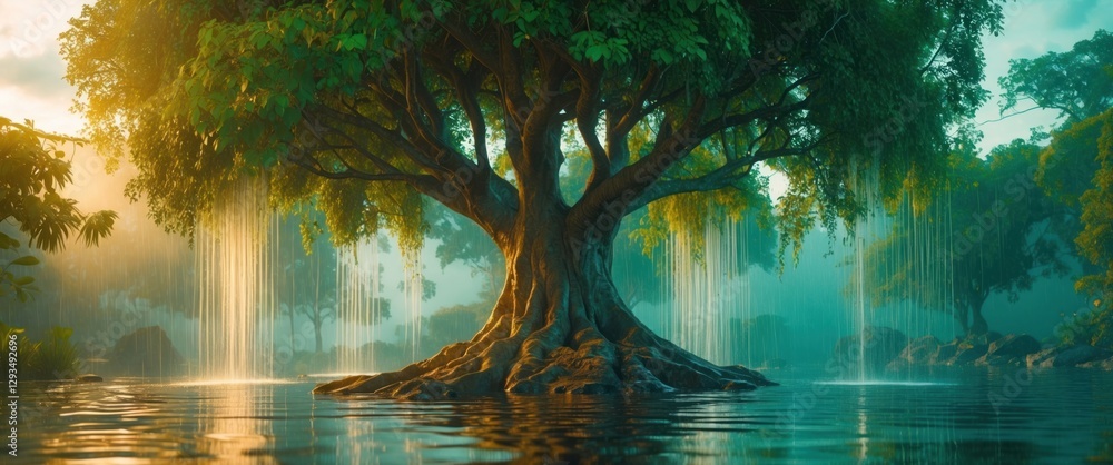 Canvas Prints majestic rain tree in serene waters with cascading waterfalls and lush foliage illuminated by soft s