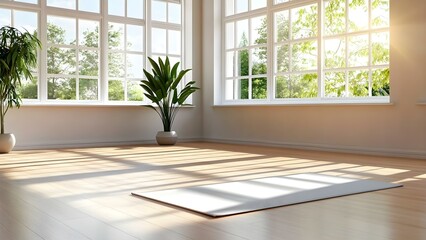 Fototapeta premium A bright and airy room with large windows, plants, and a yoga mat on the wooden floor, creating a tranquil atmosphere. Concept Zen Interior Design, Natural Light, Indoor Plants