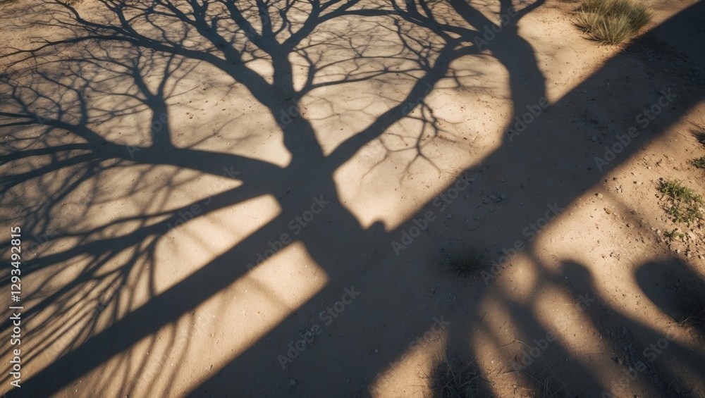 Aufkleber Cactus tree shadow casting intriguing patterns on sandy ground with ample space for text or graphic overlay.