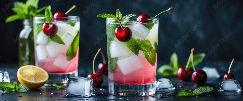 Poster Refreshing summer lemonade or ice tea cocktail with cherries and mint on dark background with ice cubes and empty space for text.