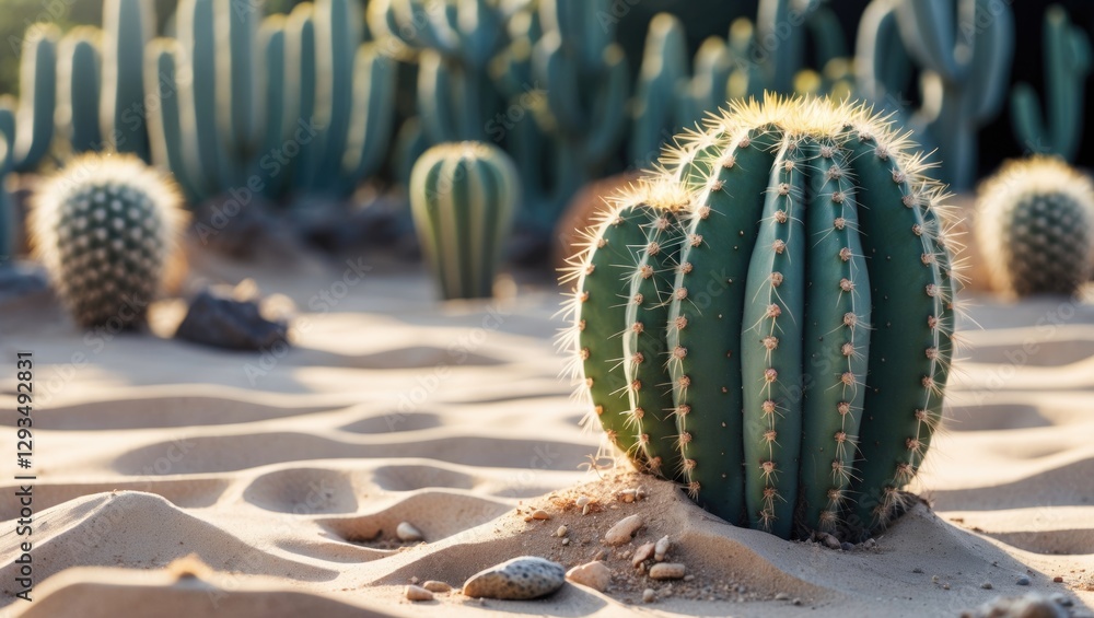 Aufkleber Side View of Cactus on Sandy Landscape with Blurred Background and Ample Copy Space for Text and Design Elements
