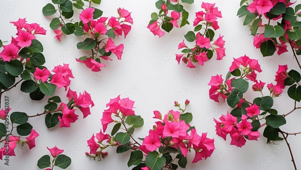 Poster colorful bougainvillea flowers arranged on white background with copy space for text and design elem