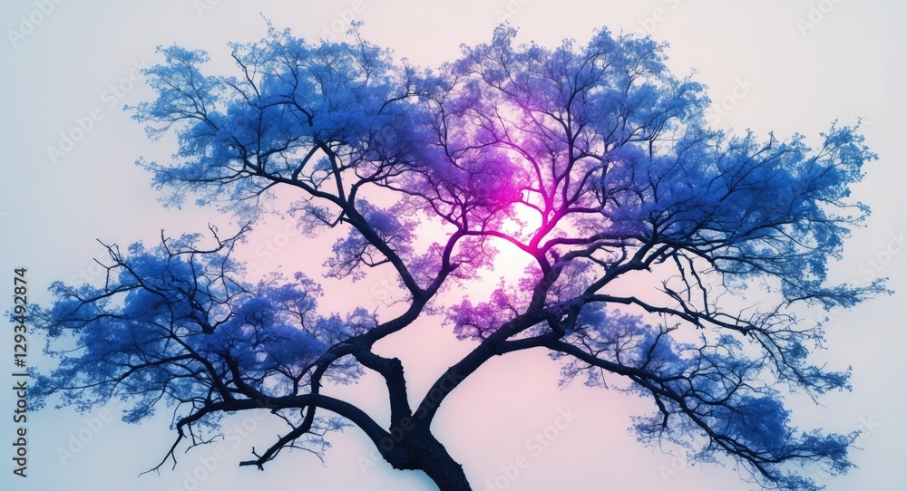 Poster ethereal silhouette of a vibrant tree branch against a soft white background with subtle pink and pu