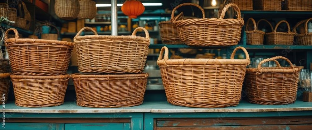 Poster Wicker Baskets on Display at Outdoor Market Counter Showcase Vintage Weave and Craftsmanship in Rustic Setting