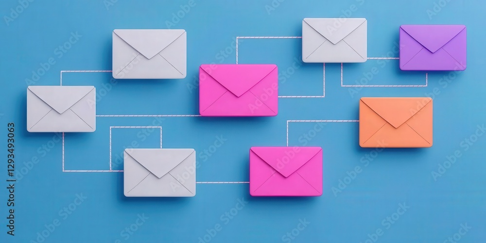 Aufkleber marketing automation workflow customer concept. colorful envelopes connected by lines on a blue back