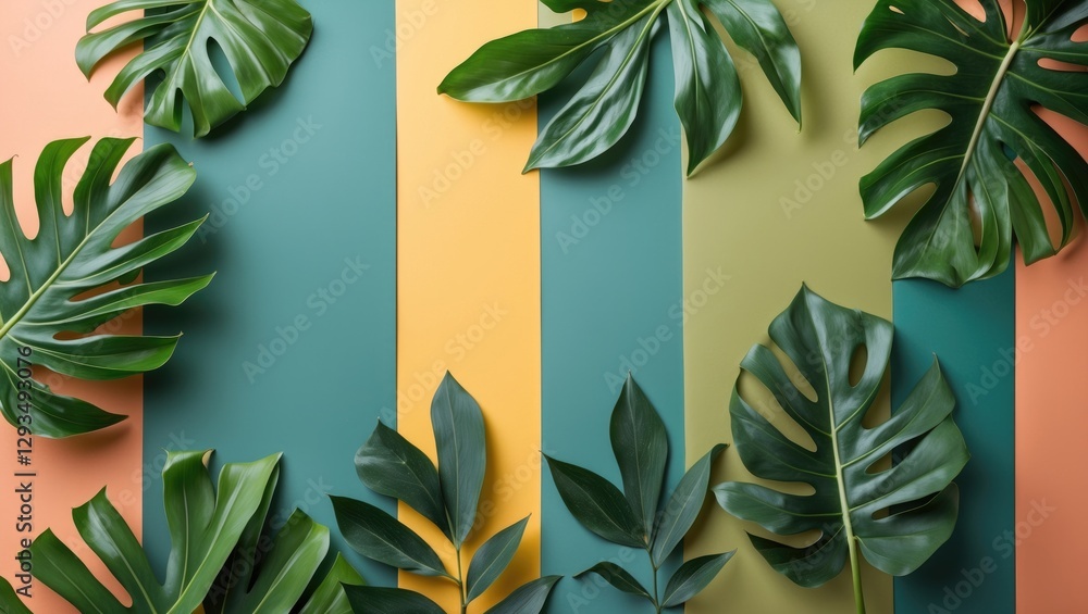 Poster Tropical Leaves Arrangement on Colorful Background with Blank Space for Text or Design Elements