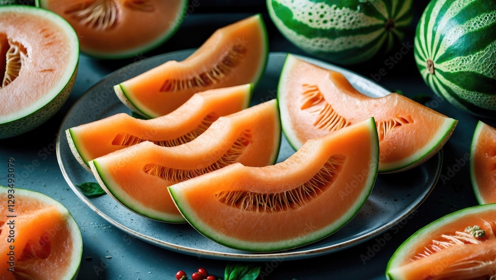 Poster freshly sliced melon segments artfully arranged on a plate surrounded by whole watermelons in a vibr