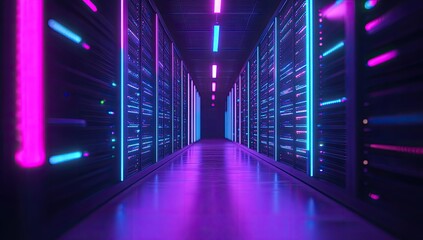 Fototapeta premium Neon-lit server room hallway