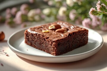  A delectable brownie, perfectly square and generously studded with nuts, sits invitingly on a simple, elegant plate, bathed in soft, inviting light