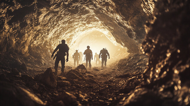 Silhouetted figures exploring a dark mysterious cave with a bright light at the end of the tunnel