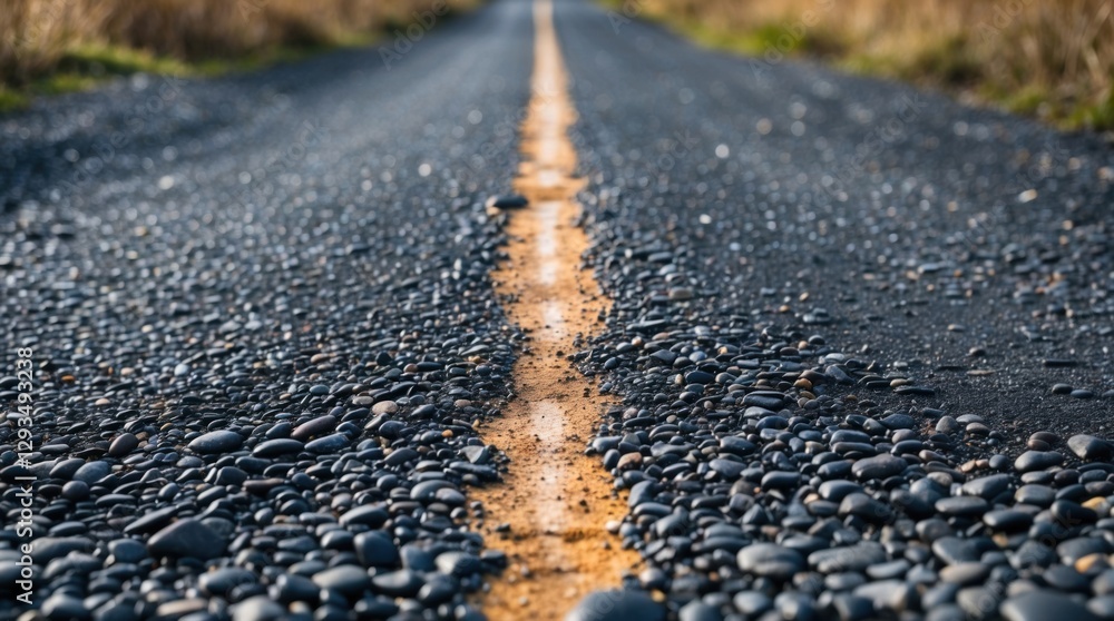 Poster Pebble road with a distinct yellow stripe showcasing a textured surface surrounded by greenery and natural scenery.