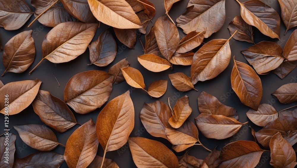 Poster Brown autumn leaves arranged in a flat lay scene creating a warm and natural background ideal for seasonal designs and nature concepts.