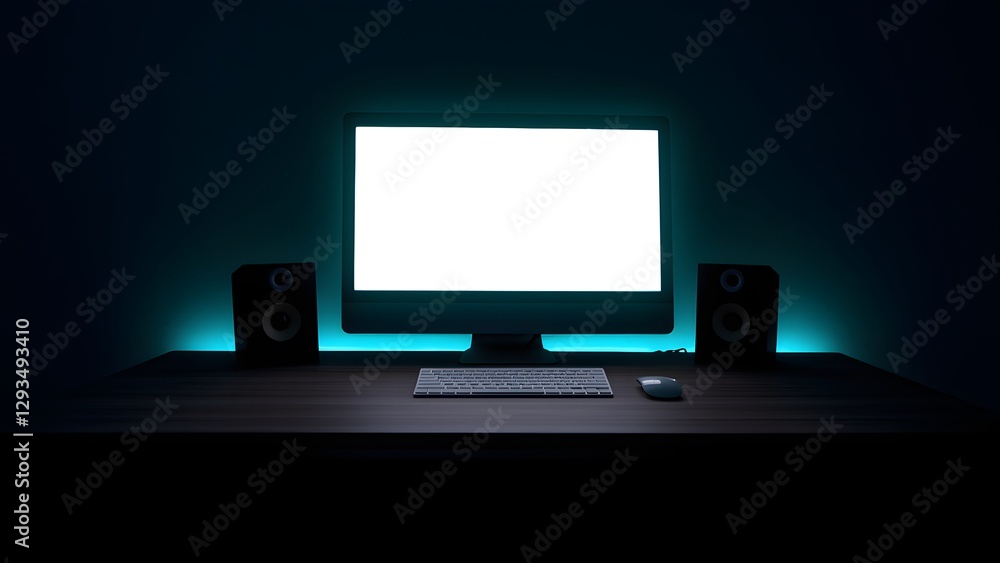 Poster modern workspace featuring a blank computer screen, wireless keyboard, and speakers illuminated by a