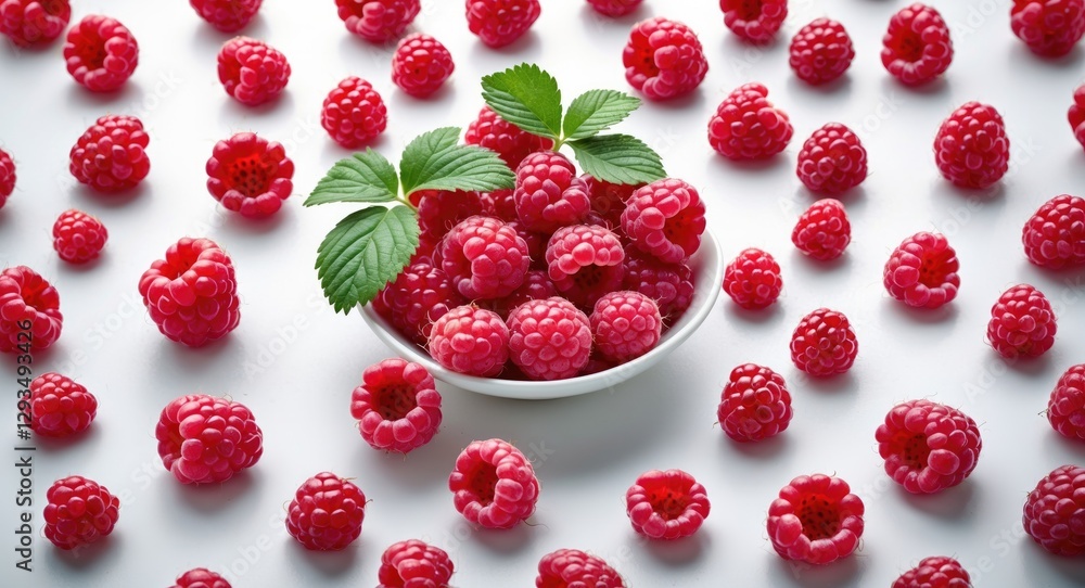 Aufkleber Fresh Ripe Raspberries in a Bowl Surrounded by Berries on White Background with Space for Text or Graphics