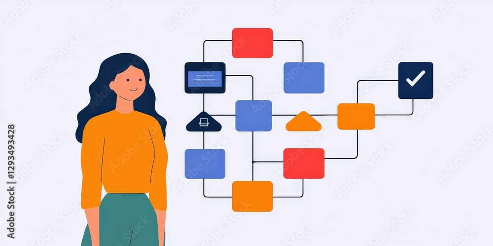 Aufkleber marketing automation workflow customer concept. illustration of a woman next to a flowchart with col