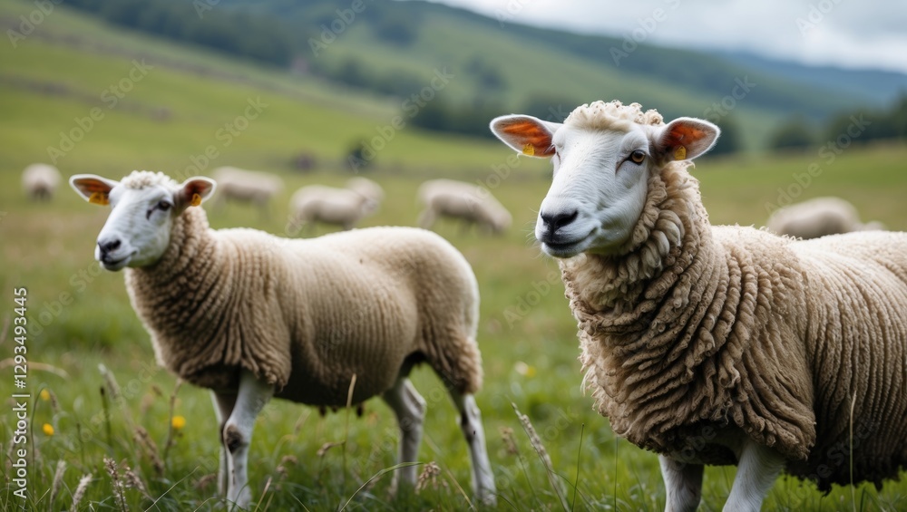Poster sheep grazing in lush green meadow under cloudy sky with rolling hills in background