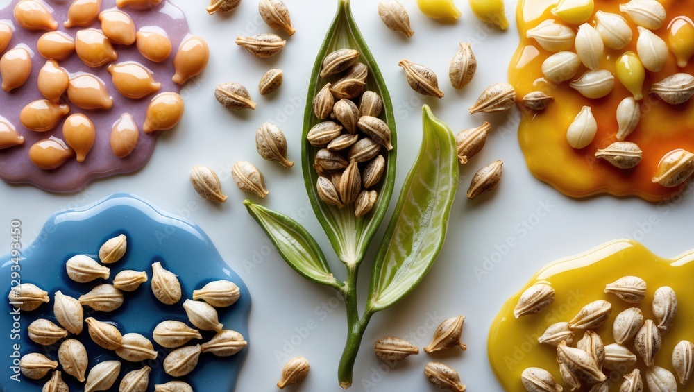 Poster colorful seeds displayed on vibrant glazed backgrounds with a focus on natural textures and shapes a
