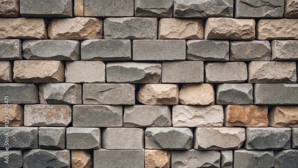 Poster textured wall of unevenly stacked square stone blocks in various shades showcasing natural stone pat