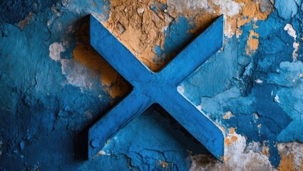 Blue textured wall with an abstract blue arrow in an x shape showcasing peeling paint and vibrant colors for artistic backgrounds.