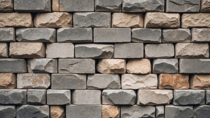 Obraz premium Textured wall of unevenly stacked square stone blocks in various shades showcasing natural stone patterns and earthy tones.
