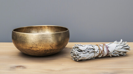 Minimalist setup with a singing bowl and herbal white sage stick