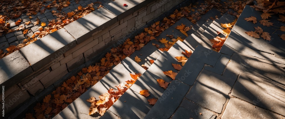 Aufkleber angled stone staircase adorned with autumn leaves casting intricate shadows in a serene moscow setti