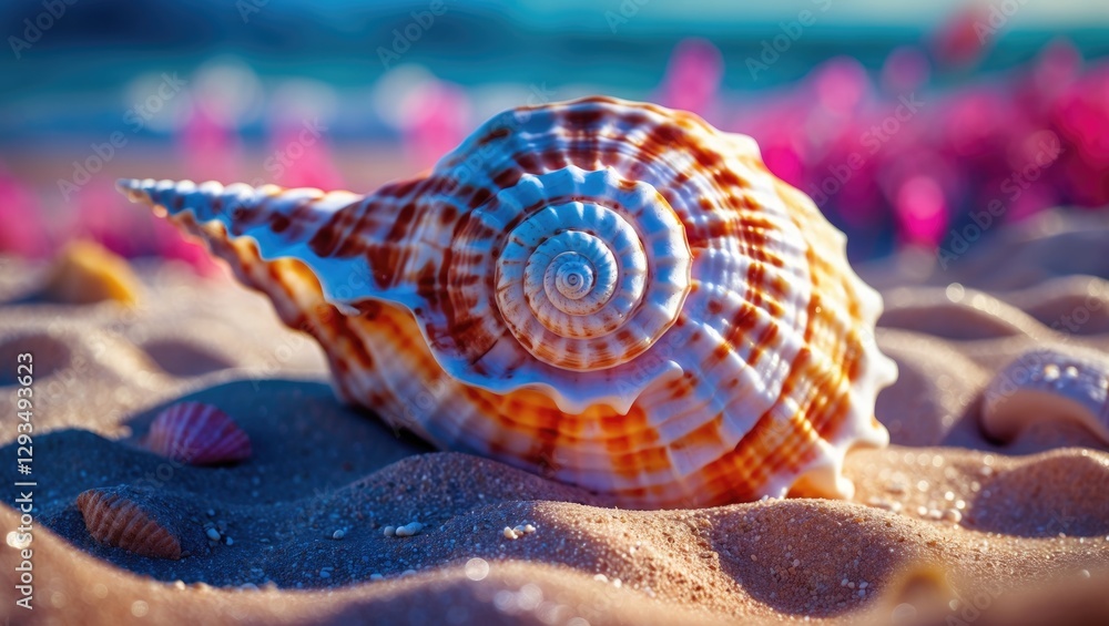 Poster Spiral seashell resting on sandy beach with colorful background and soft sunlight illuminating the intricate details of its surface.
