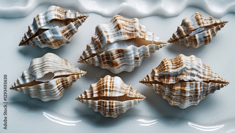 Poster Collection of Vintage Cockleshells Textured by Ocean Waves Isolated on White Background with Space for Custom Text or Branding