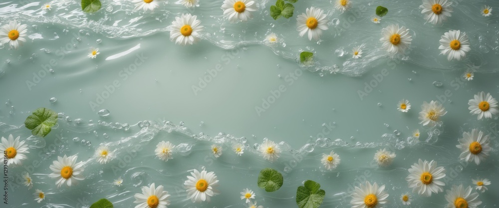 Poster tranquil water surface with floating daisies and leaves creating serene natural background with spac