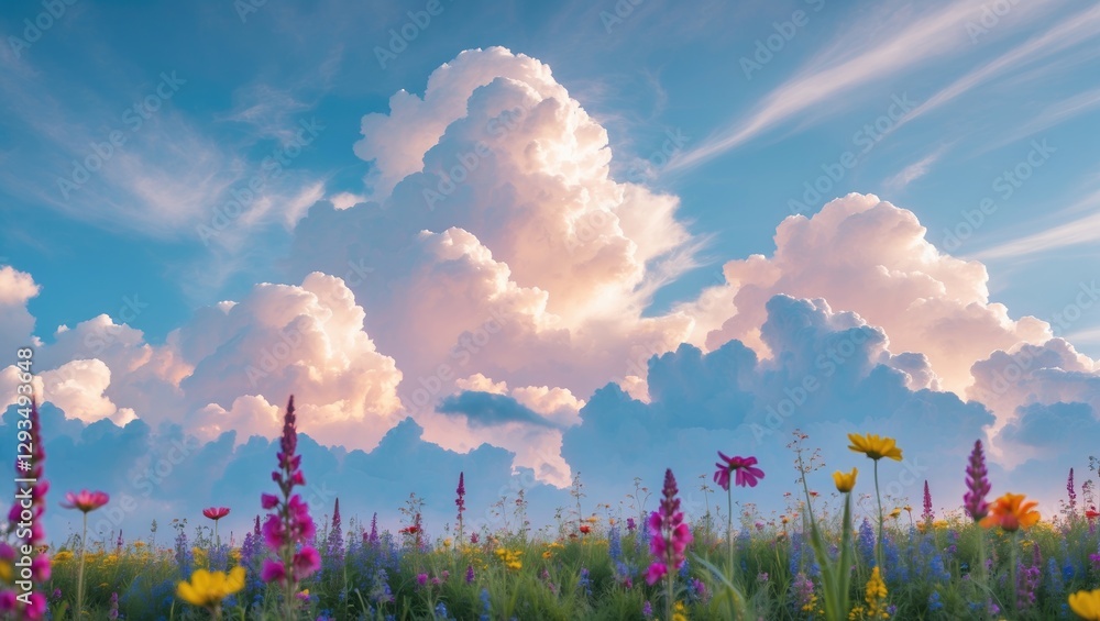Poster vibrant flower field under a beautiful cloudy sky with blank space for overlay text