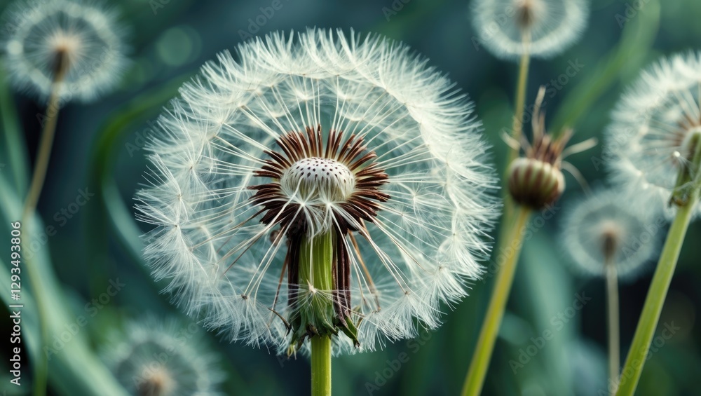 Poster dandelion seed head captured in nature with droplets of water creating a glistening effect on the de