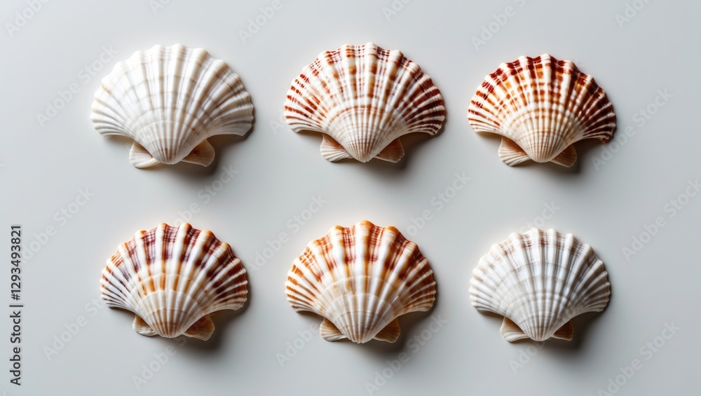 Poster collection of six decorative seashells on smooth white background for coastal and nautical themes