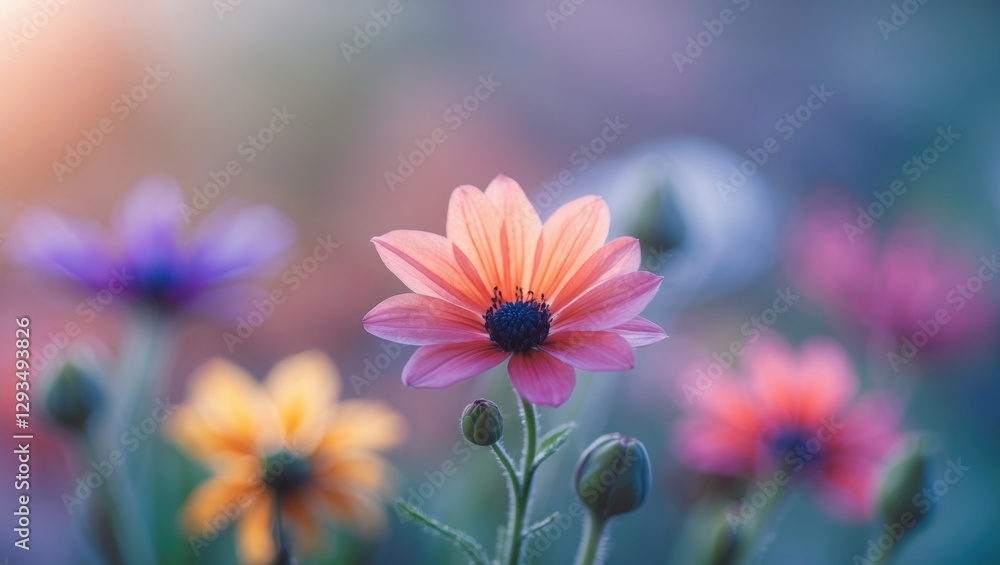 Poster vibrant soft focus flower with colorful blooms in blurred background for artistic and nature inspire