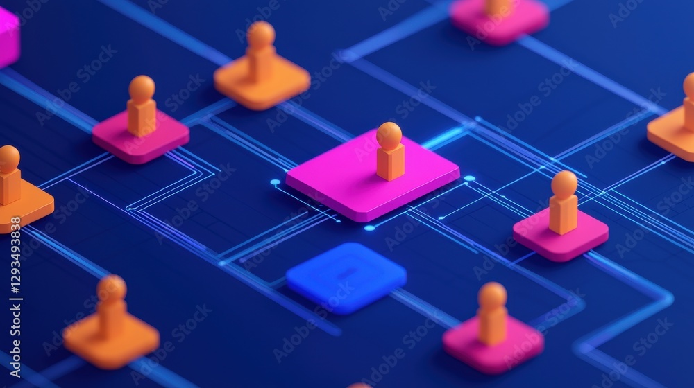 Poster marketing automation workflow customer concept. colorful game pieces on a digital network background