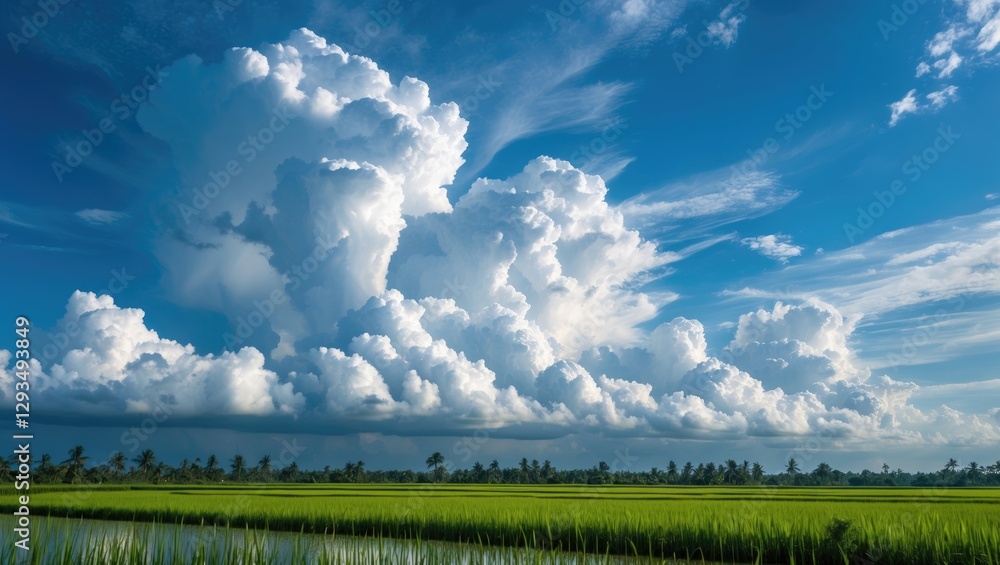 Poster vibrant blue sky adorned with fluffy white clouds above lush green rice fields creating a serene nat