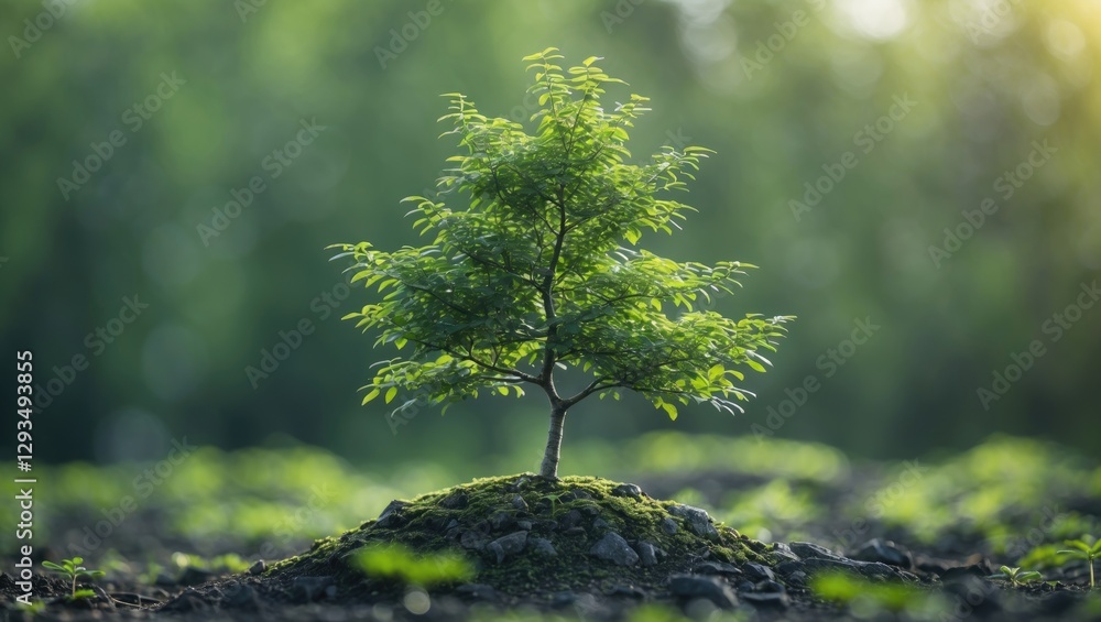 Poster small vibrant green tree growing on a mossy mound with soft background bokeh, symbolizing nature and