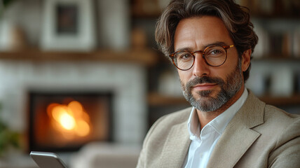 Obraz premium A sophisticated man with a thoughtful gaze, exuding quiet confidence in a stylish tan blazer 