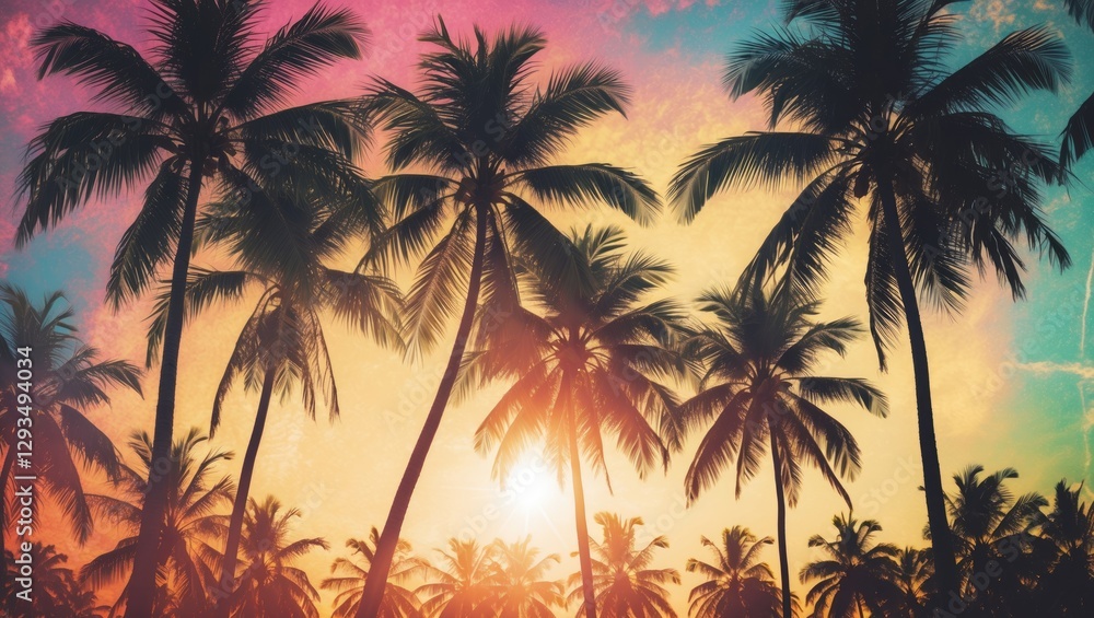 Poster silhouetted coconut palm trees against a vibrant sunset with a retro vintage effect and sun flare cr