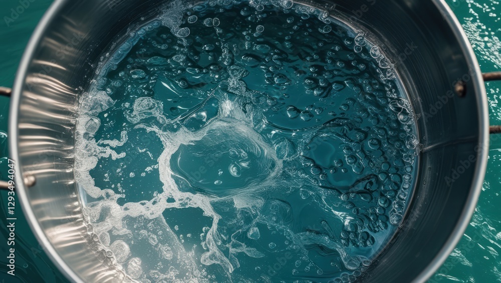 Poster agitated water surface in a metallic container showcasing dynamic textures and bubbles against a blu