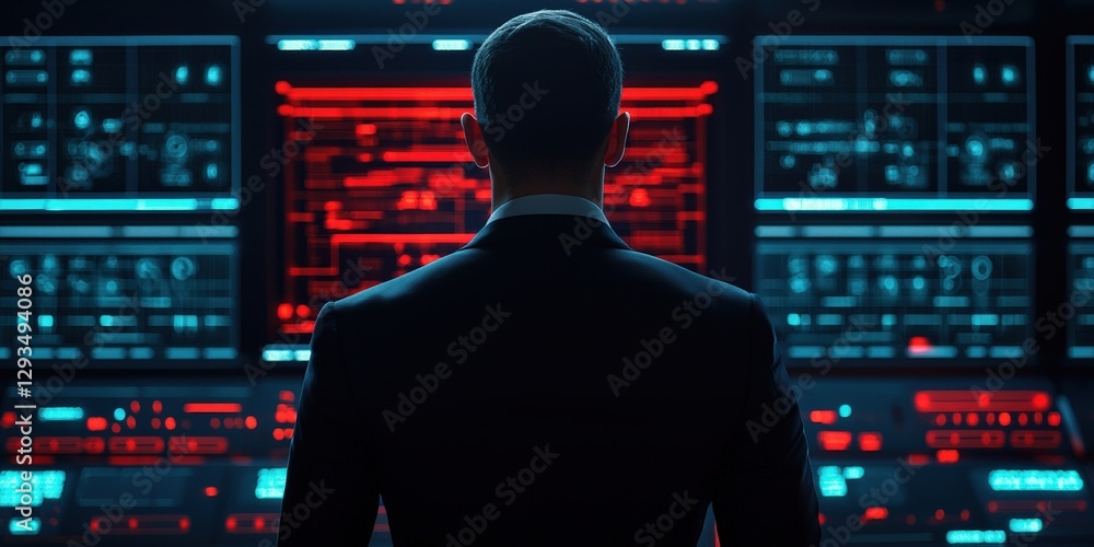 Poster marketing automation workflow customer concept. businessman observing futuristic digital interface w
