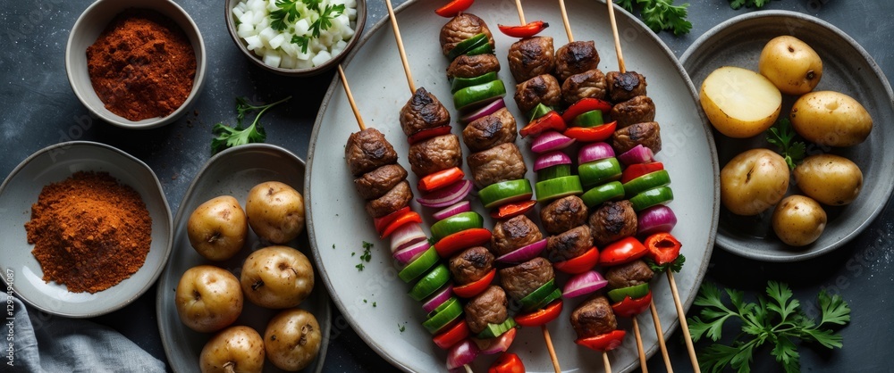 Poster delicious shish kebab platter with colorful vegetables and spiced potatoes on a rustic table with ro