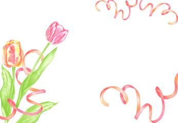 Hand drawn watercolor colorful tulips with ribbon frame border. Illustration of flowers isolated on white background. Can be used for postcard, invitation, scrapbook and other printed products.